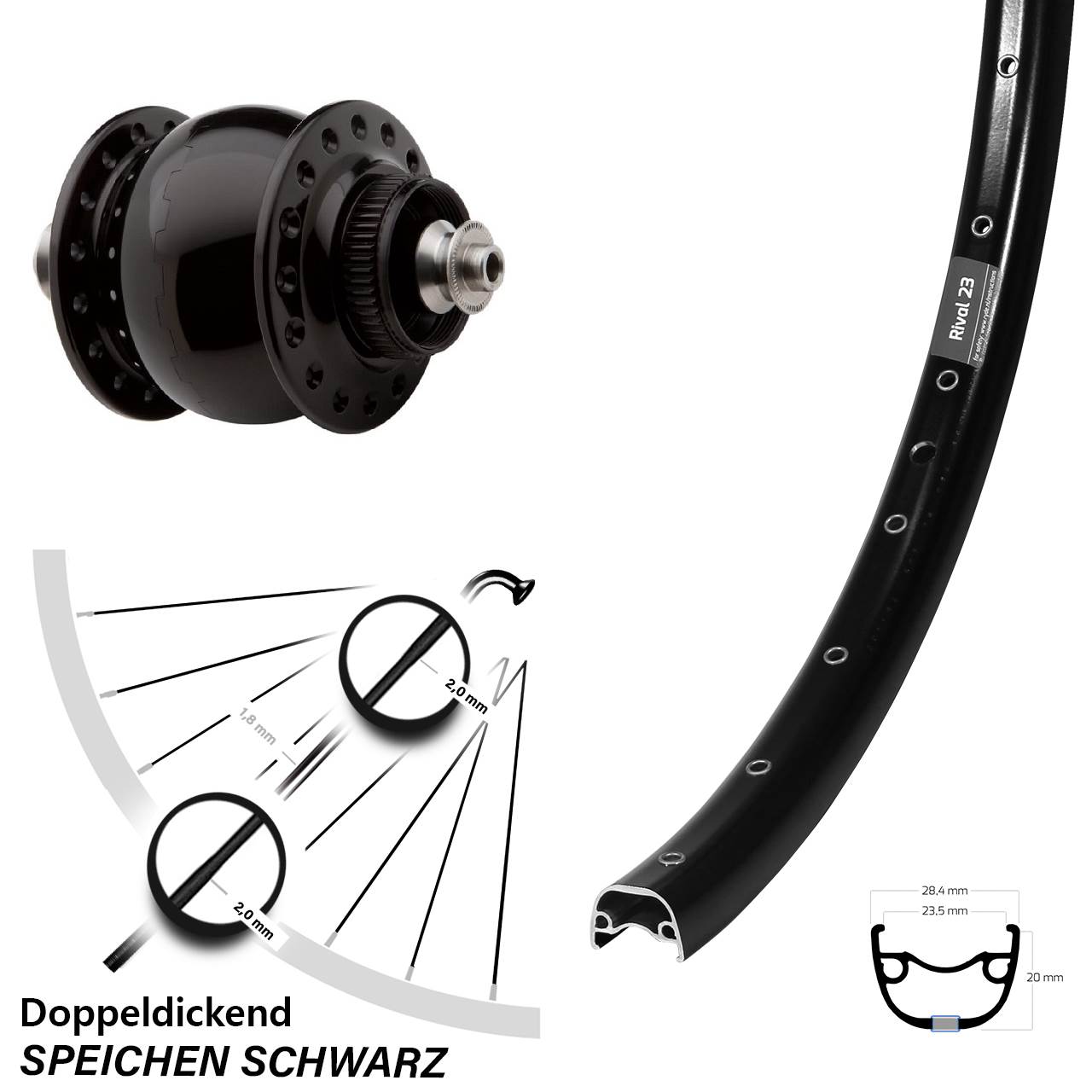 650B Ryde Rival 23 SON 28 Vorderrad Centerlock mit Nabendynamo QR