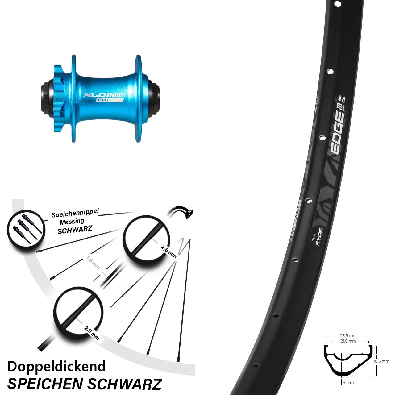 Ryde Edge M22 OS Vorderrad 29 Zoll mit XLC Evo Nabe blau