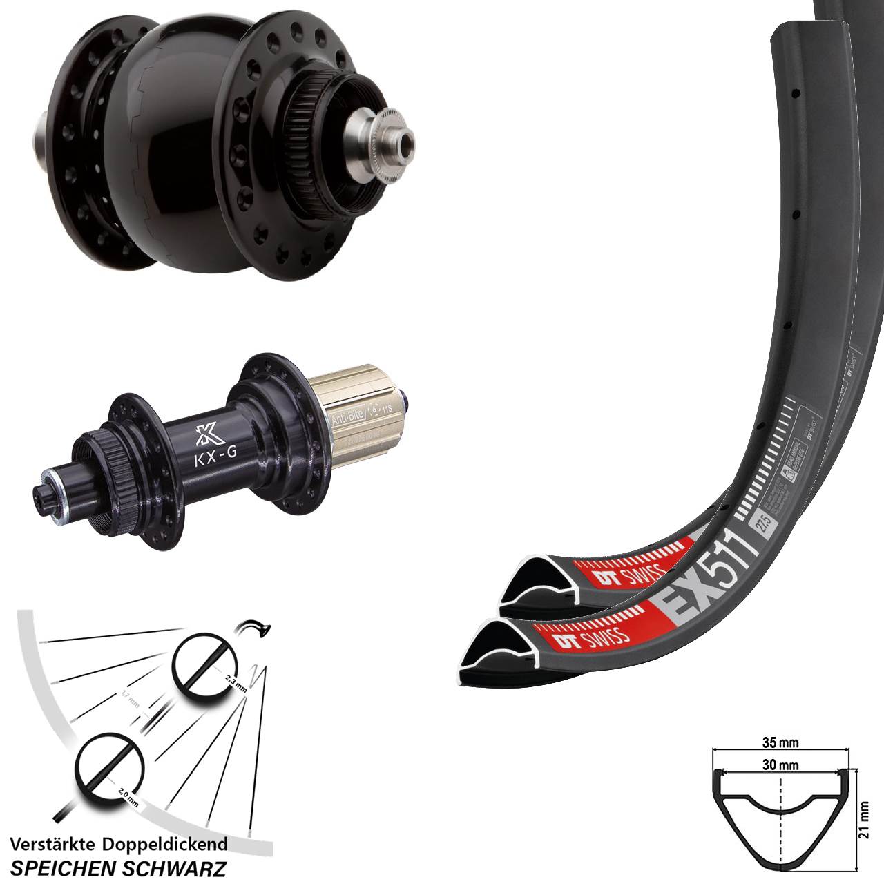 DT Swiss EX511 KX-G SON delux 27,5 Zoll Centerlock Laufradsatz QR 8-12 fach HG