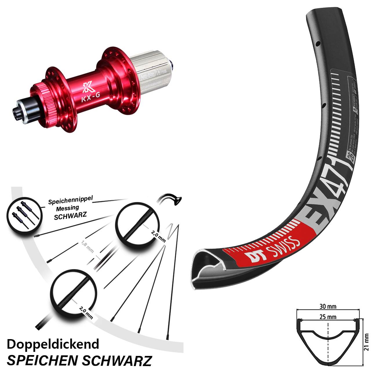 27,5 Zoll DT Swiss EX 471 Hinterrad KX-G rot 8-12 fach