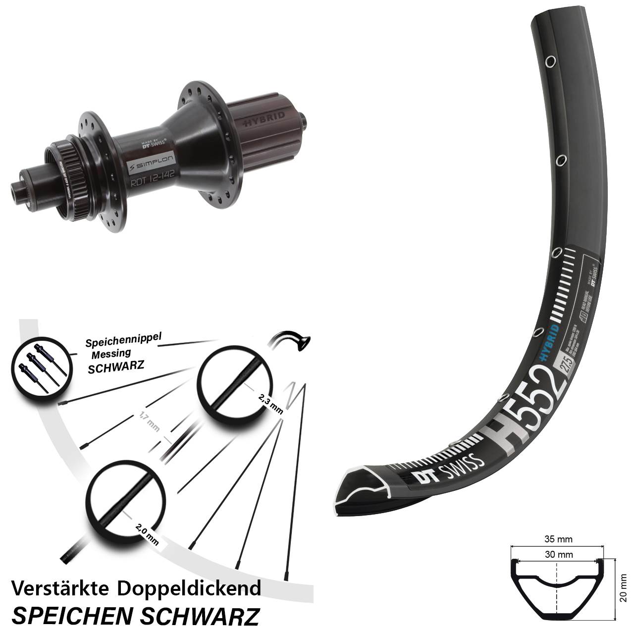 27,5 Zoll DT Swiss H 552-370 Hybrid Hinterrad Centerlock für Schnellspanner 8-11 fach