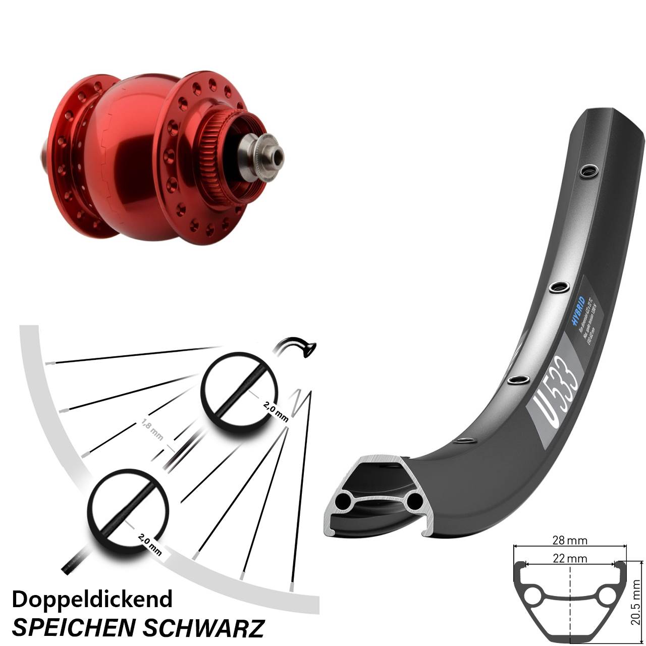 Disc Laufrad mit Nabendynamo QR 28-29 Zoll DT Swiss U533 SON delux rot
