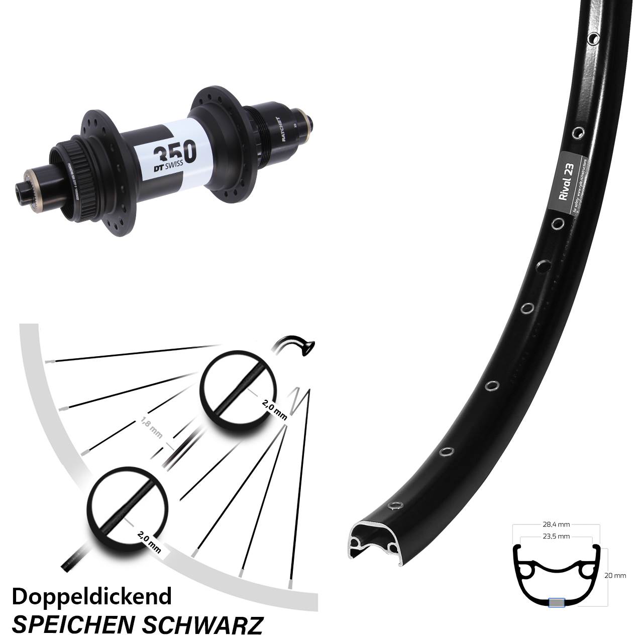 Ryde Rival 23 DT Swiss 350 27,5 Zoll Centerlock Hinterrad QR SRAM XD