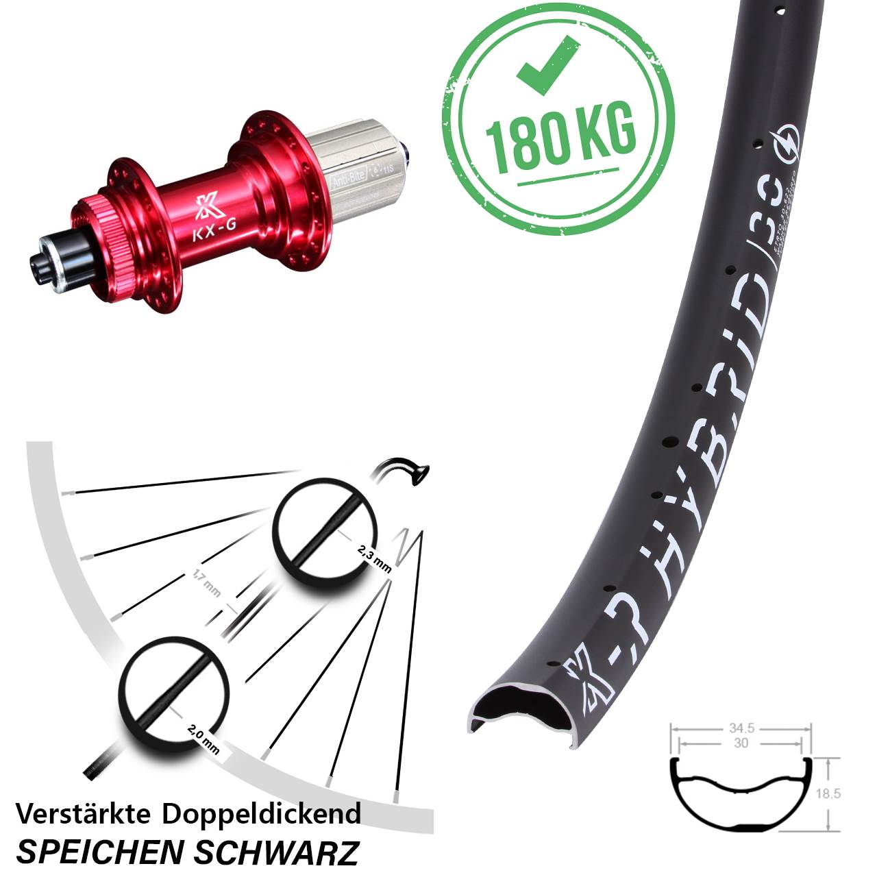 Centerlock Hinterrad für Schnellspanner 29 Zoll KX-GR Hybrid 30 rot 8-12 fach