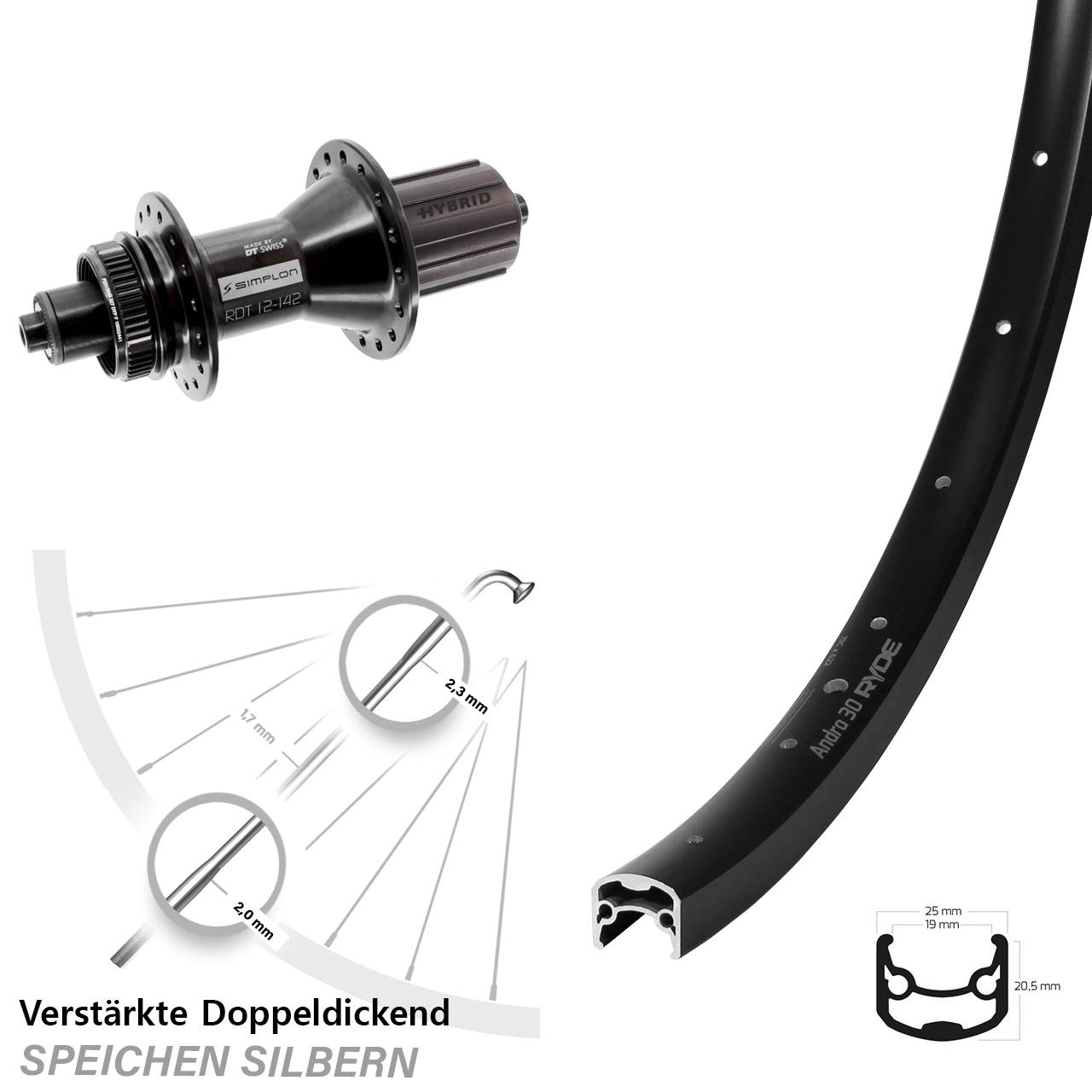 28 Zoll Ryde Andra 30 Disc DT Swiss 370 Hybrid Hinterrad Centerlock QR 8-11 fach HG
