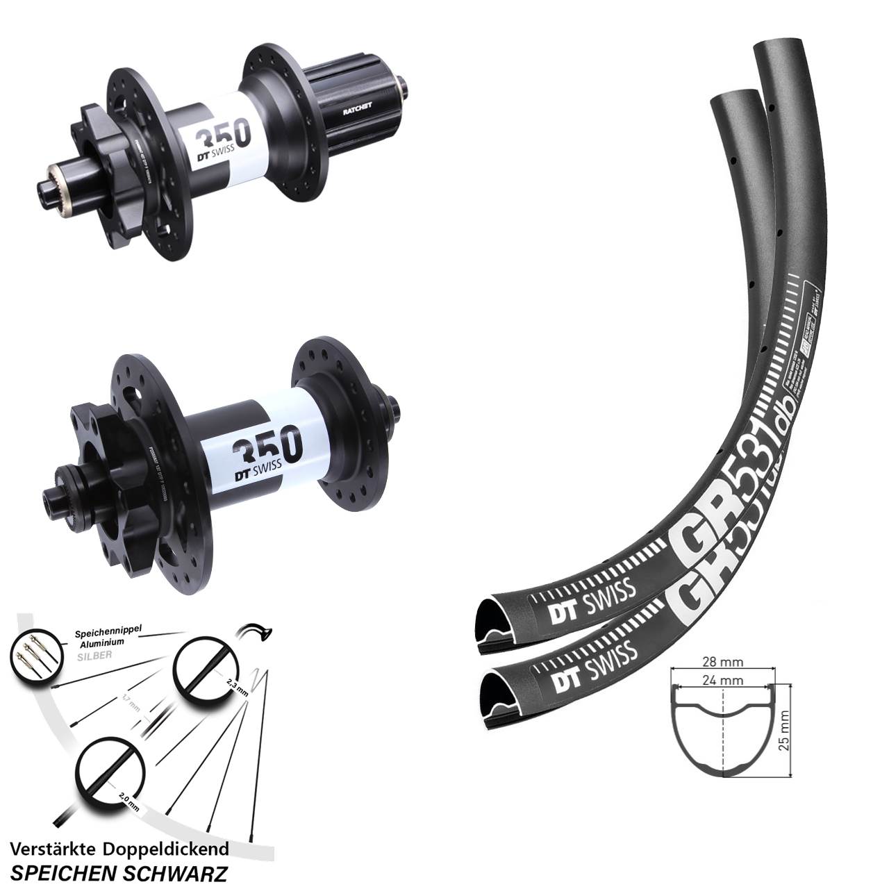 6-Loch Laufradsatz 29 Zoll DT Swiss GR 531 DT Swiss 350 8-11 fach für Schnellspanner