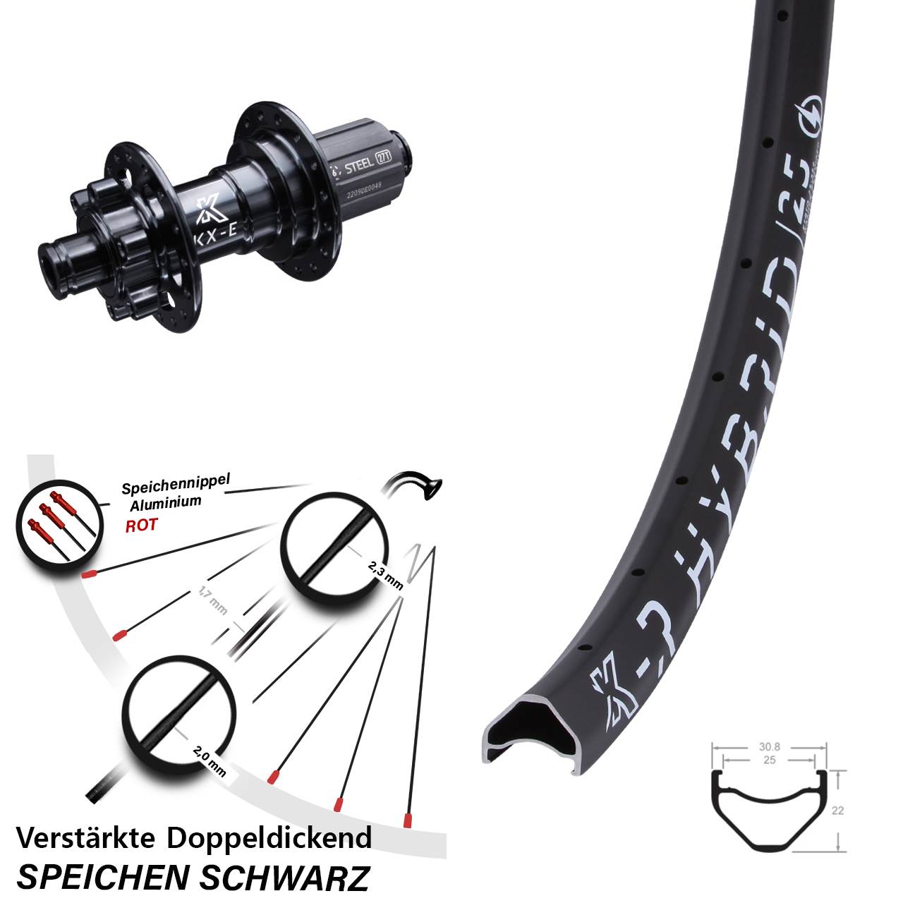 E-Bike 26 Zoll Hinterrad KX-ER Hybrid 25 Shimano 11-fach verstärkt 12x142 mm