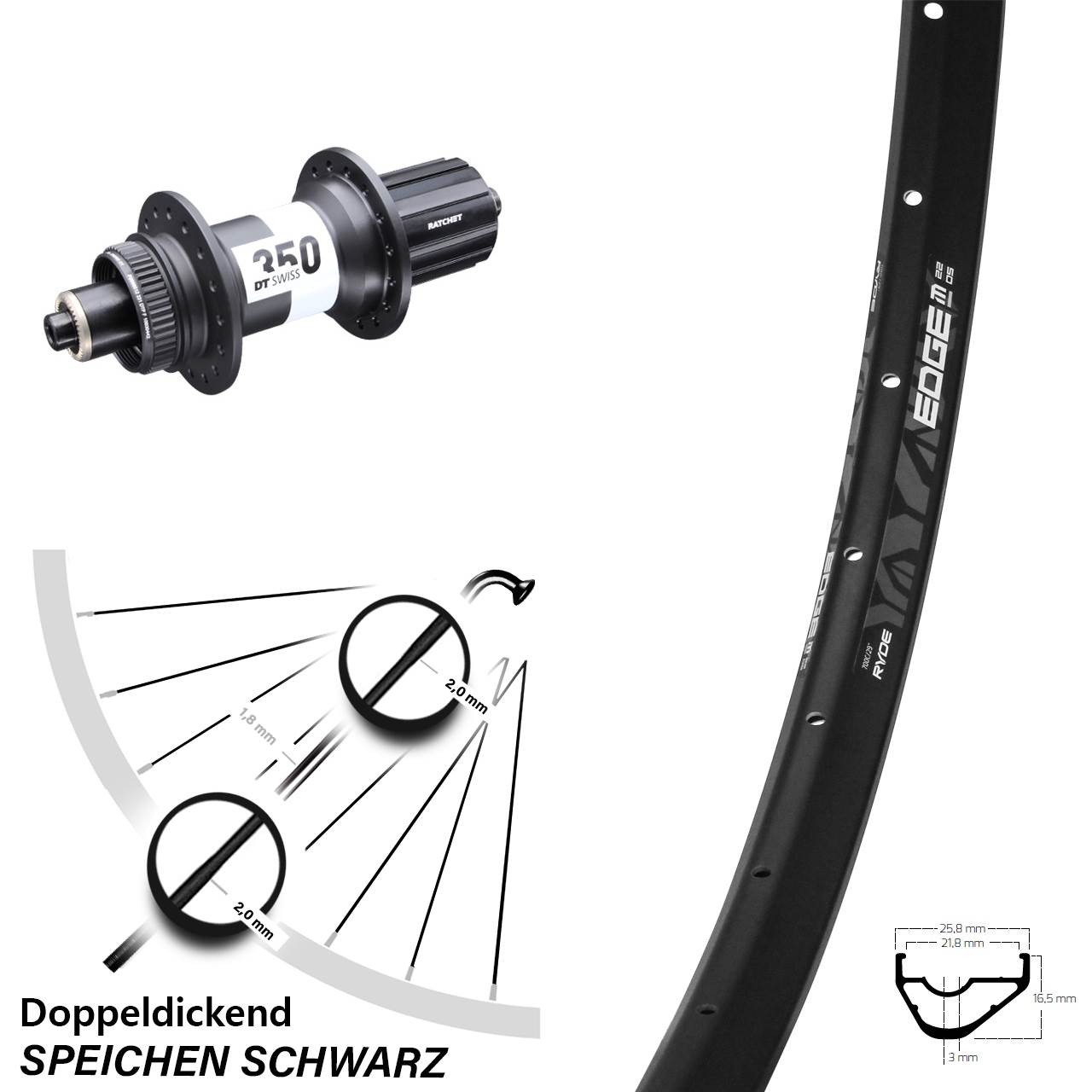 29 Zoll Ryde Edge M22 OS DT Swiss 350 Boost Centerlock Hinterrad QR Boost 8-11 fach HG