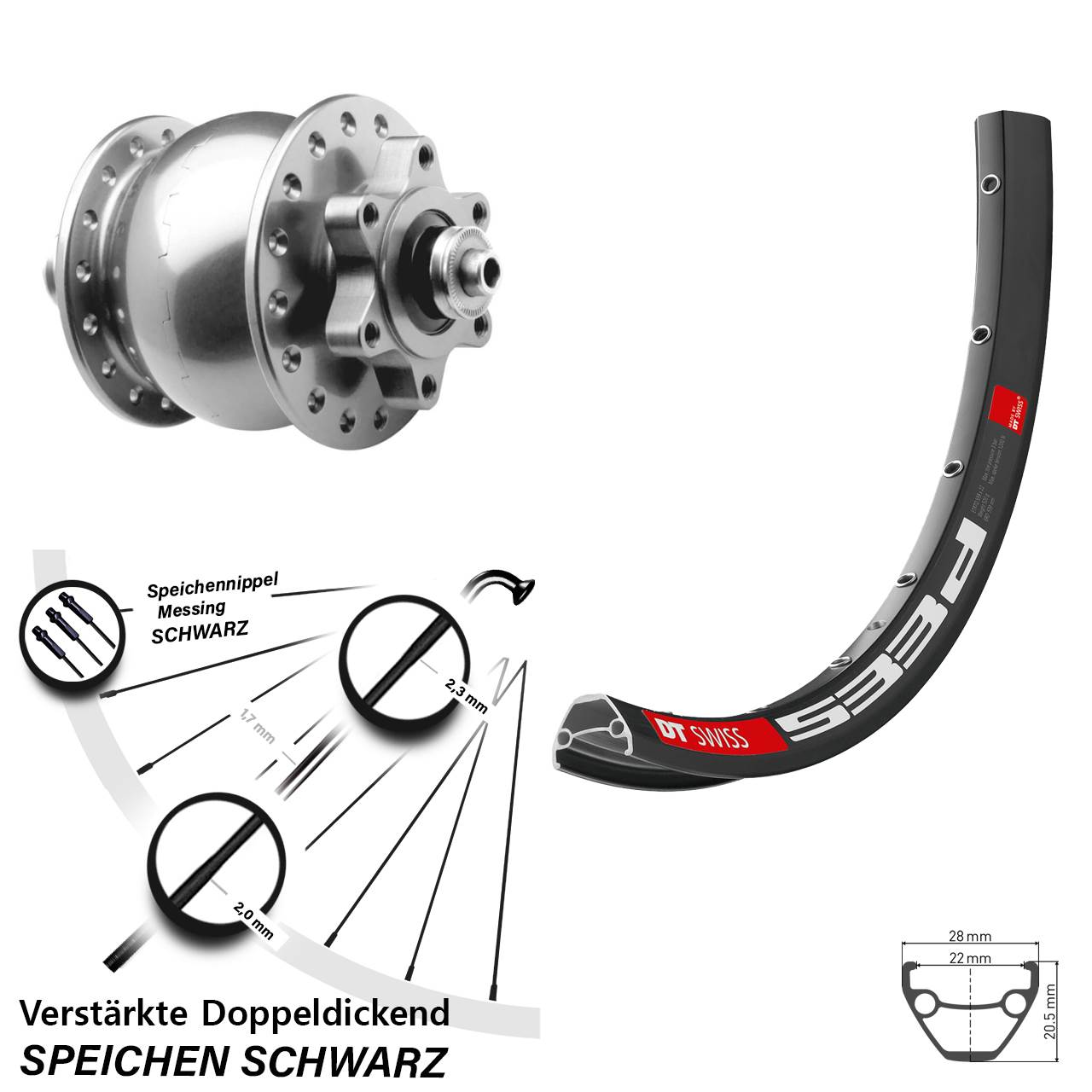26 Zoll DT Swiss 533 D SON 28 silbern Disc Vorderrad mit Nabendynamo für Schnellspanner