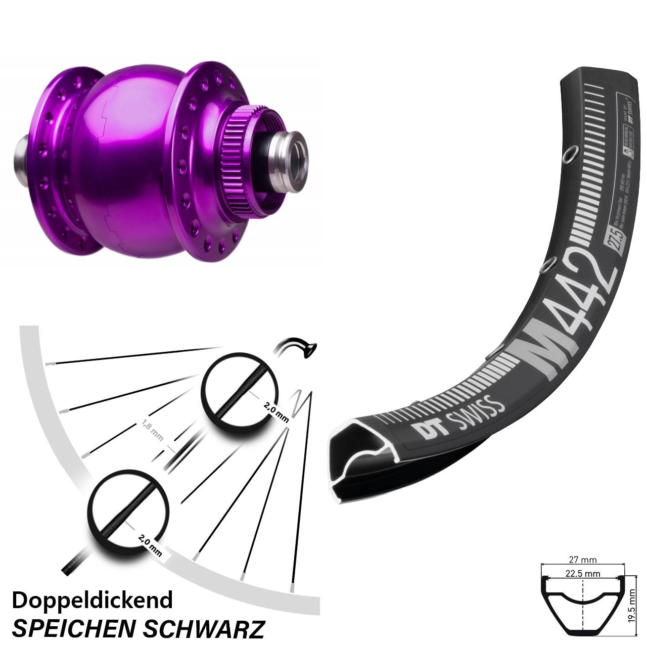 SON 28 violett DT Swiss M442 29 Zoll Nabendynamovorderrad Centerlock 12x100