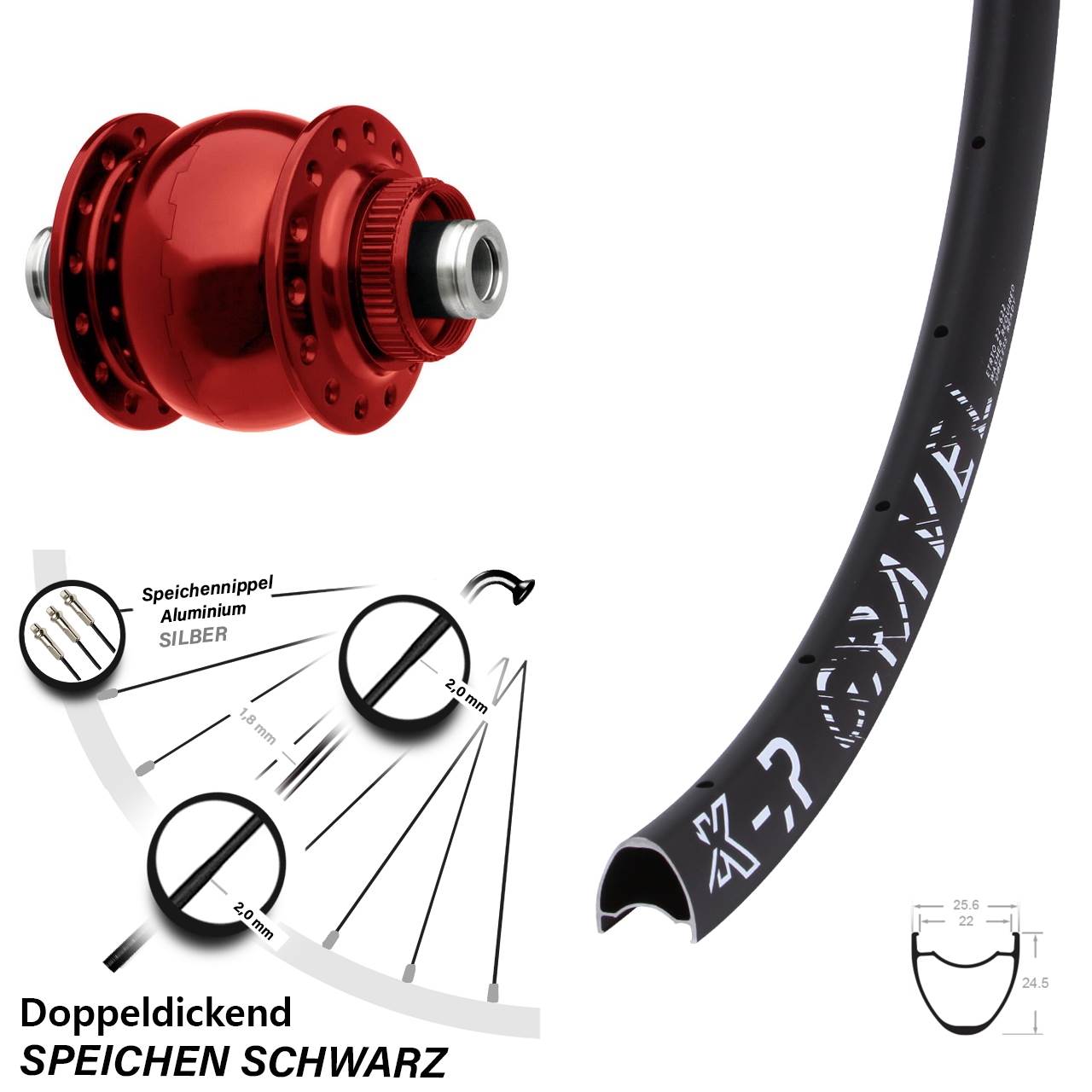 28-29 Zoll Nabendynamo SON rot-eloxiert Centerlock KX-R Gravel Vorderrad Road Disc