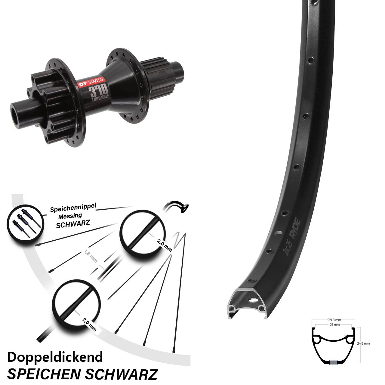 6-Loch Hinterrad 28 Zoll Ryde ZAC 25 DT Swiss 370 Hybrid Shimano Micro Spline 12x142