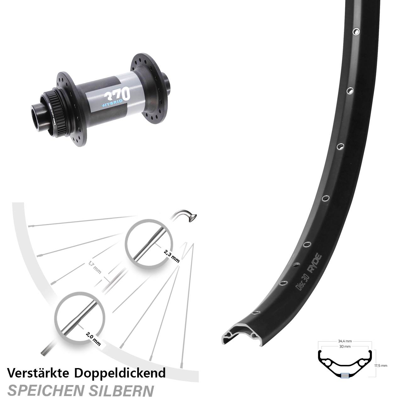 Boost Centerlock Vorderrad 15x110 29 Zoll Ryde Disc 30 DT Swiss 370 Hybrid