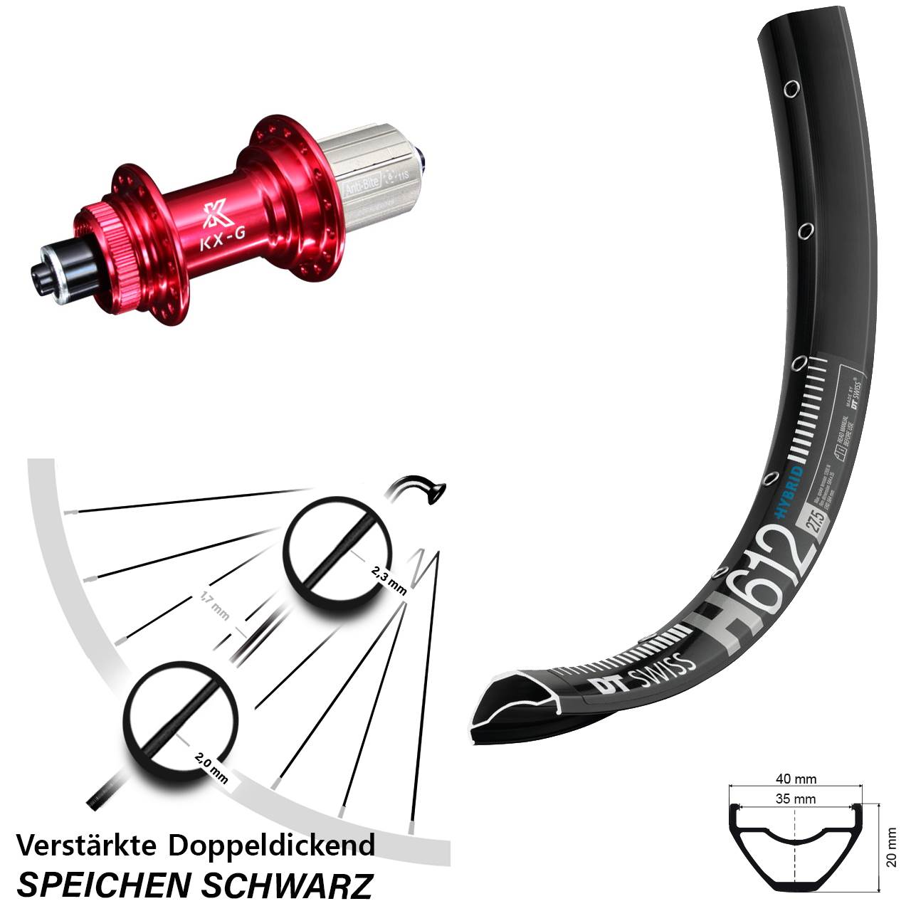Hinterrad Centerlock QR 27,5 Zoll DT Swiss H612 KX-G rot 8-12 fach