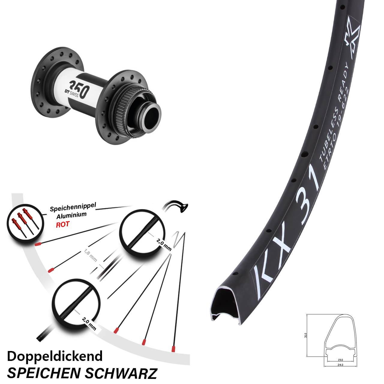 Vorderrad Centerlock 28 Zoll KX31 OS DT Swiss 350 15x100