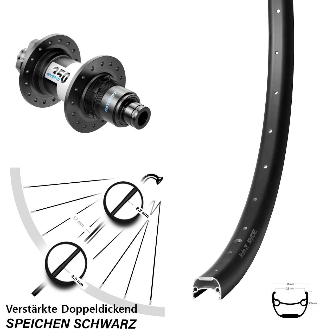 Hinterrad 6-Loch 12x148 29 Zoll Ryde Andra 25 DT Swiss 350 Hybrid SRAM XD
