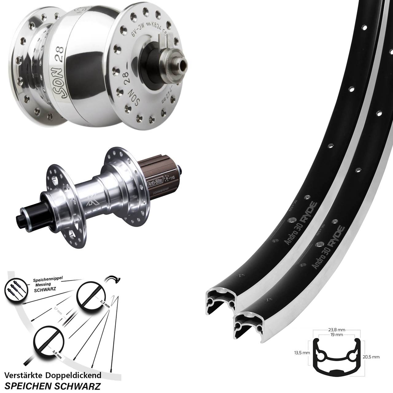 Laufradsatz für Schnellspanner Ryde Andra 30 KX-T SON 28 Zoll 8-12 fach