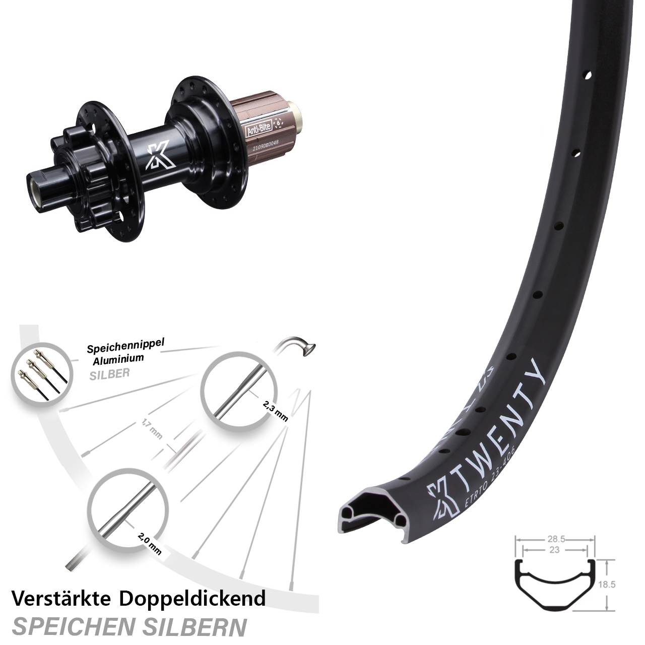 20 Zoll Hinterrad leicht Steckachse 12x142 mm KX-M Twenty Shimano 8-12 fach Disc 6-Loch