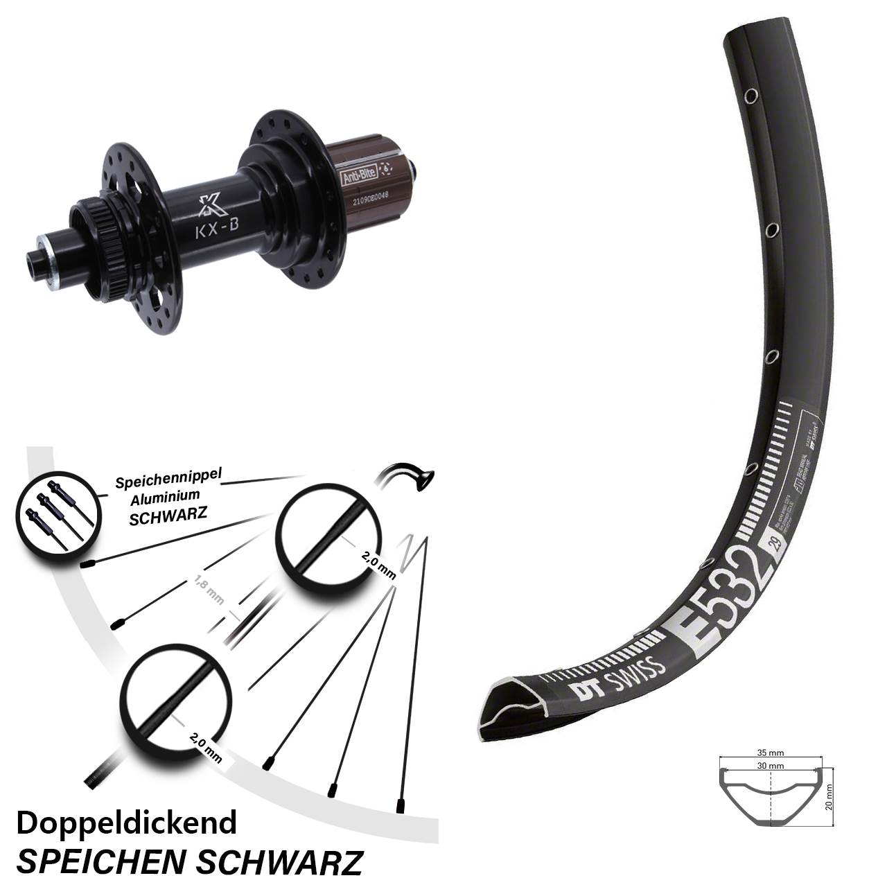 27,5 Zoll DT Swiss E532 KX-B Boost Hinterrad Centerlock QR Boost 8-12 fach