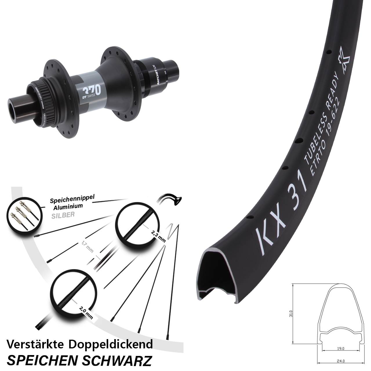 Hinterrad Centerlock 12x142 28 Zoll KX31 DT Swiss 370 SRAM XDR