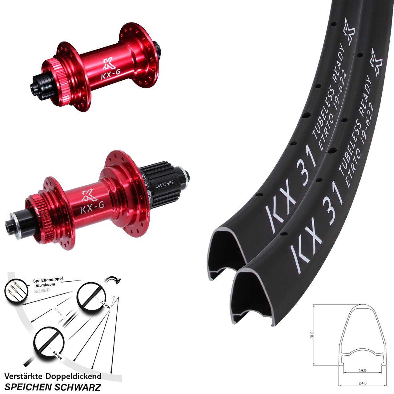 Laufradsatz Centerlock für Schnellspanner 28 Zoll KX-G 31 rot Shimano Micro Spline