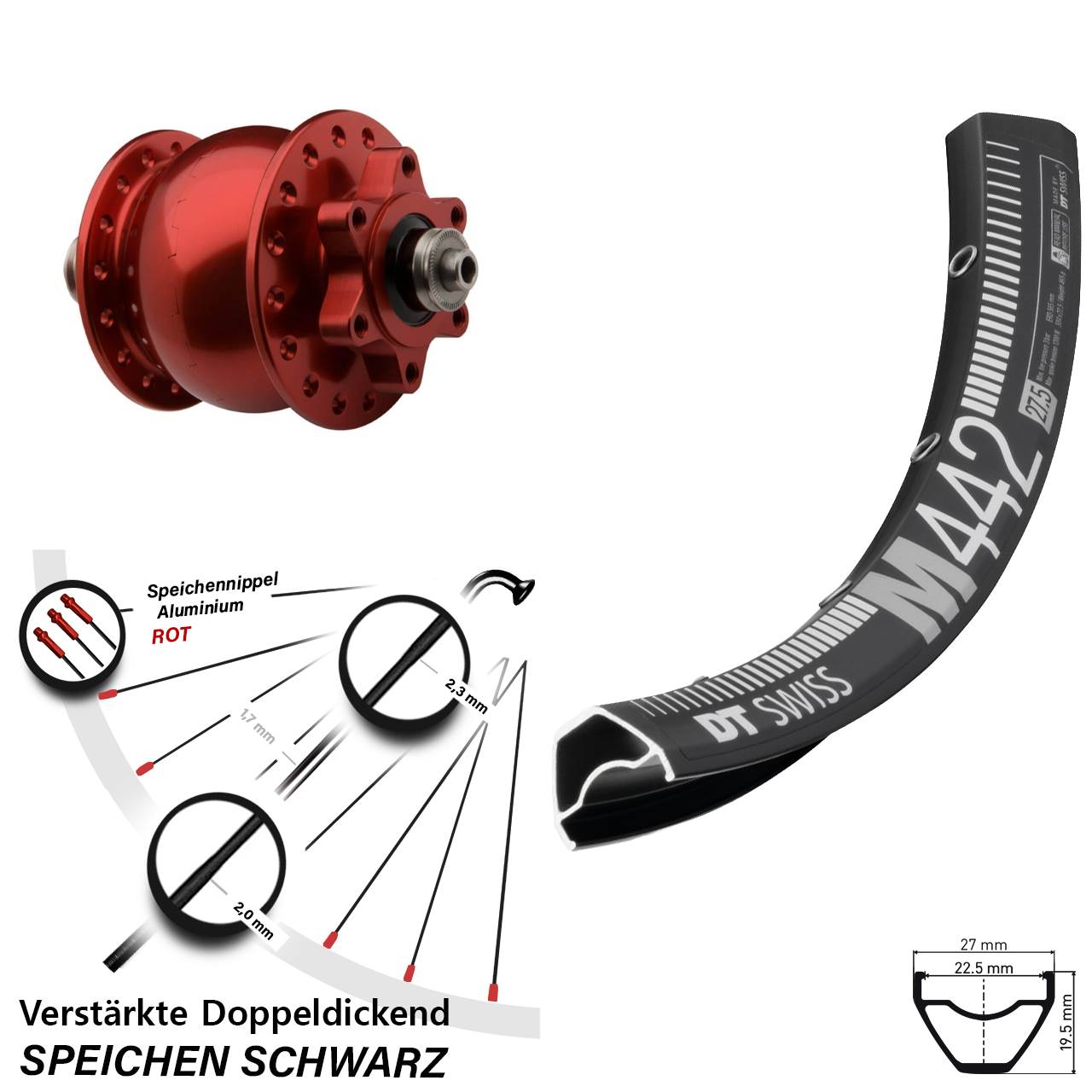 Disc Nabendynamolaufrad für Schnellspanner 28-29 Zoll DT Swiss M 442 SON 28 rot