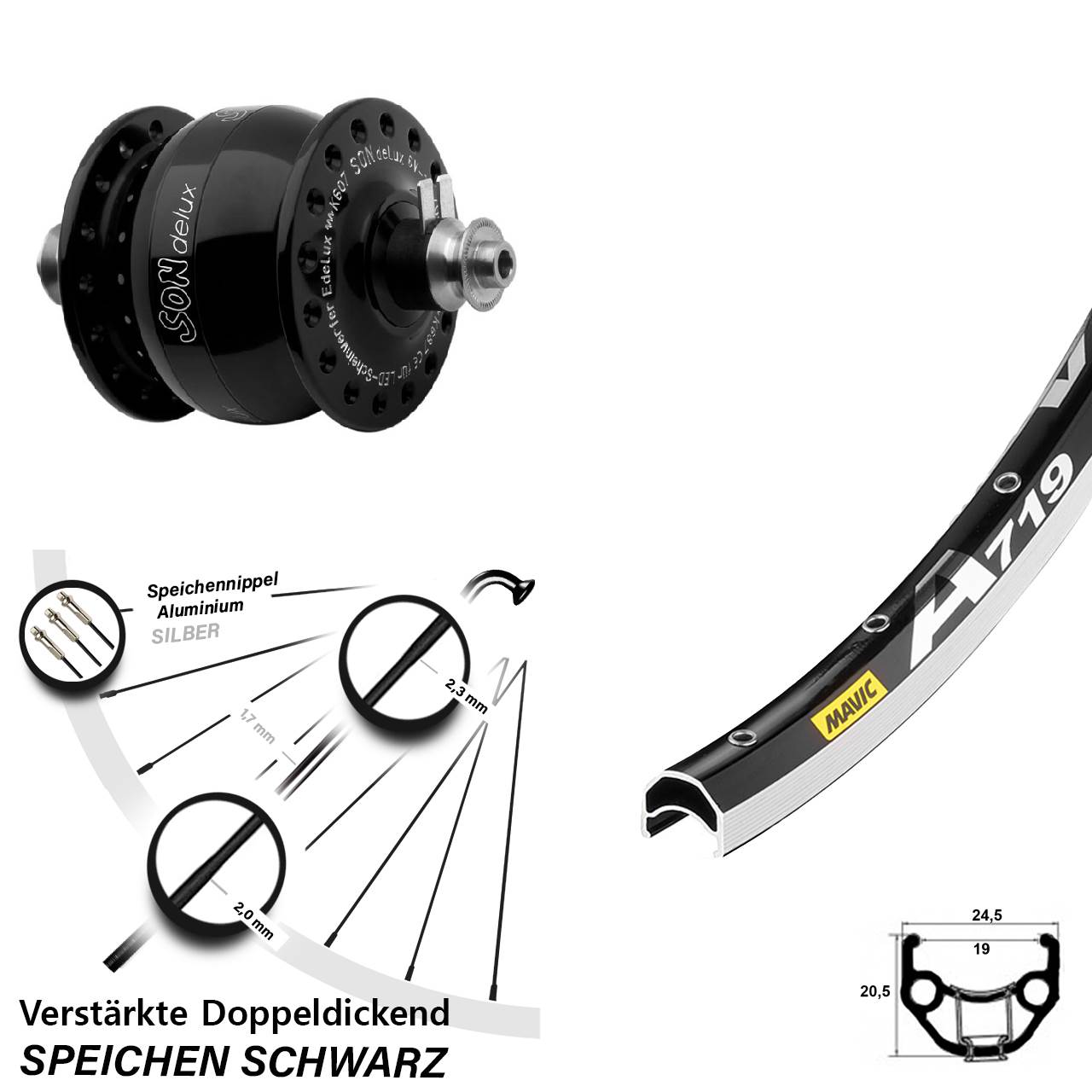 Nabendynamo-Vorderrad 28 Zoll Mavic A 719 SONdelux für Schnellspanner