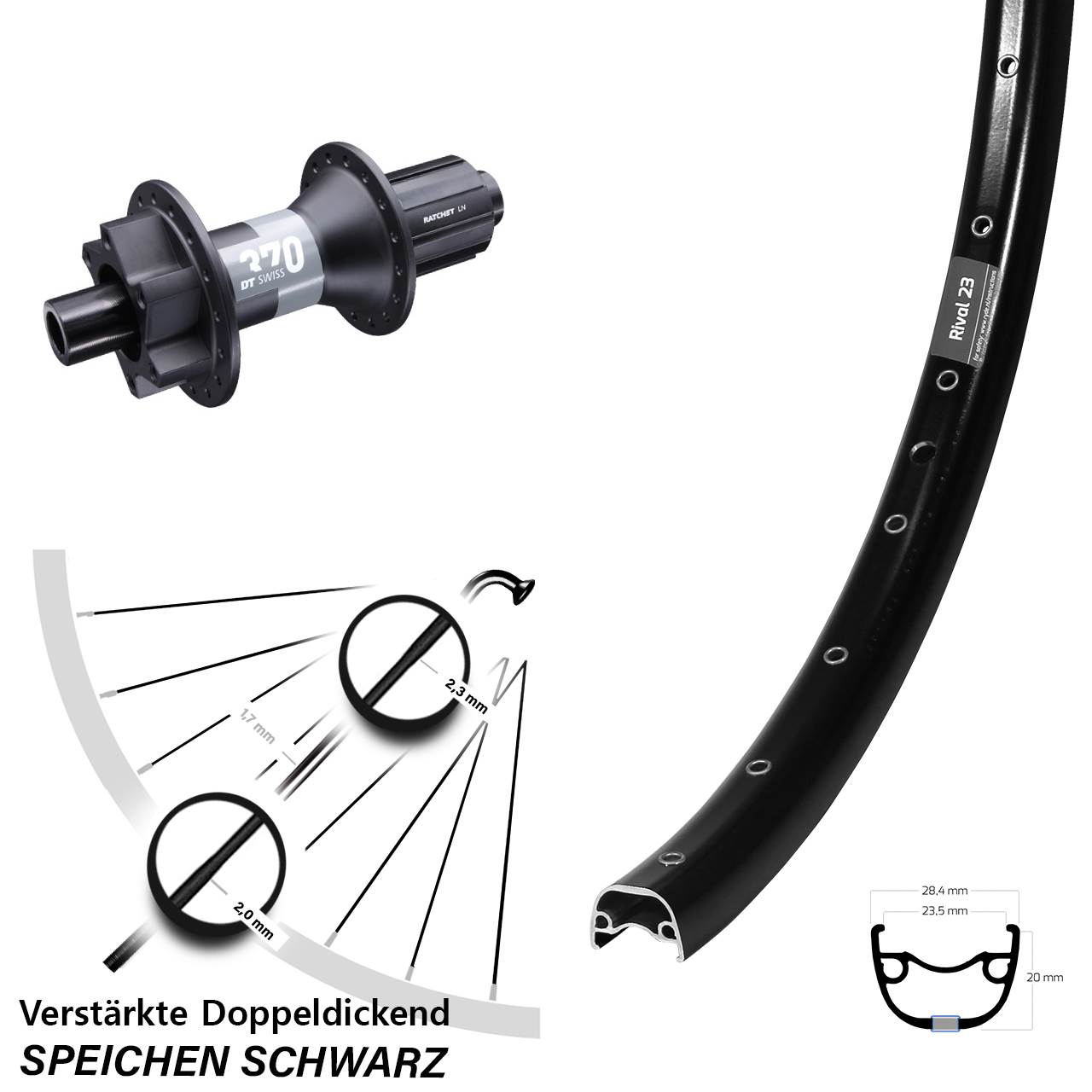 Ryde Rival 23 DT Swiss 370 27,5 Zoll 6-Loch Hinterrad 12x148 Boost 8-11 fach HG