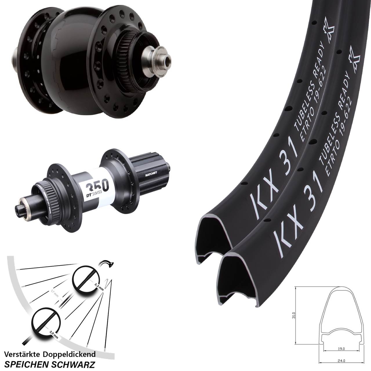 28 Zoll KX 31 DT Swiss 350 Road SON 28 Laufradsatz Centerlock QR 11-12 fach HG