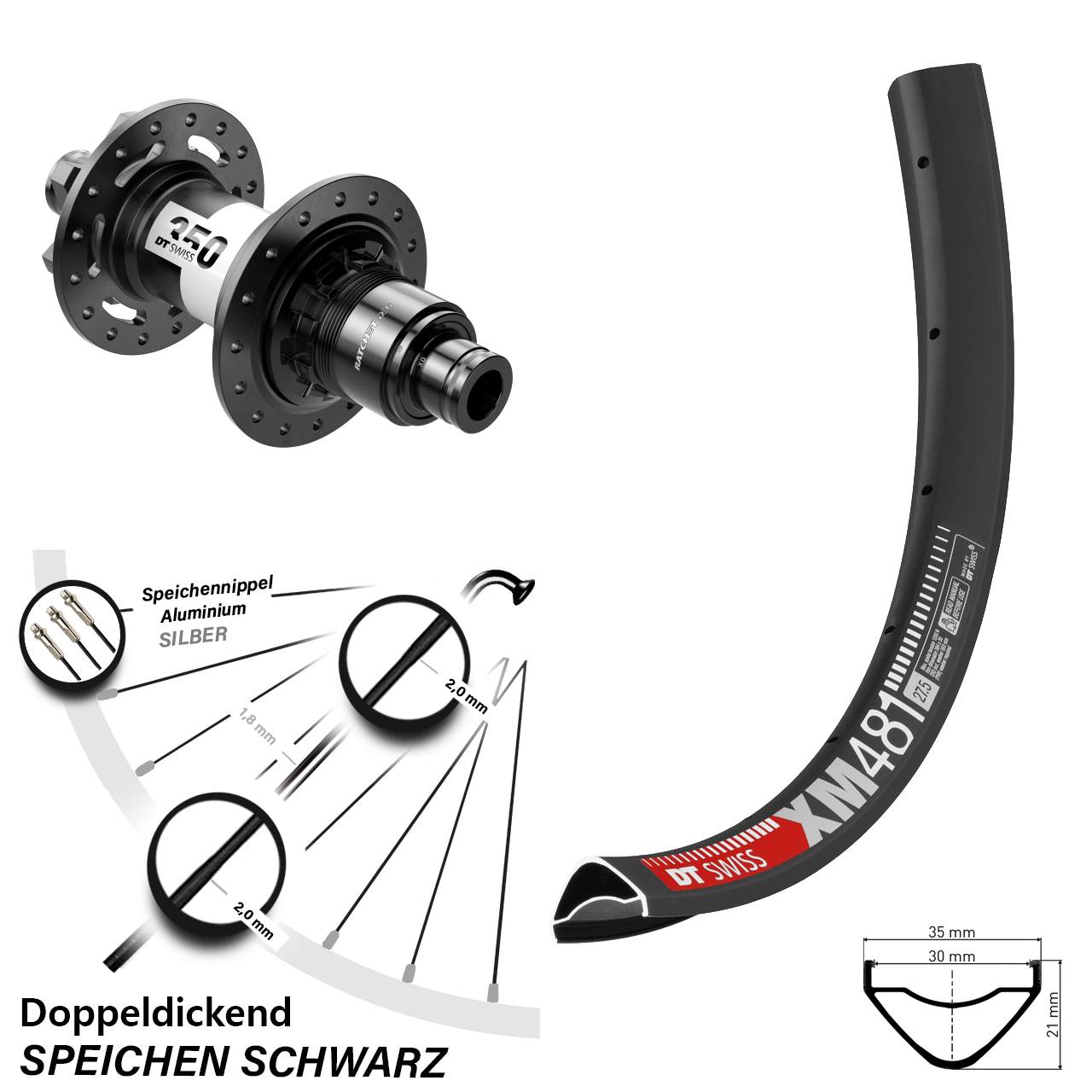 27,5 Zoll DT Swiss XM 481-350 DEG72 Hinterrad 6-Loch 12x148 SRAM XD