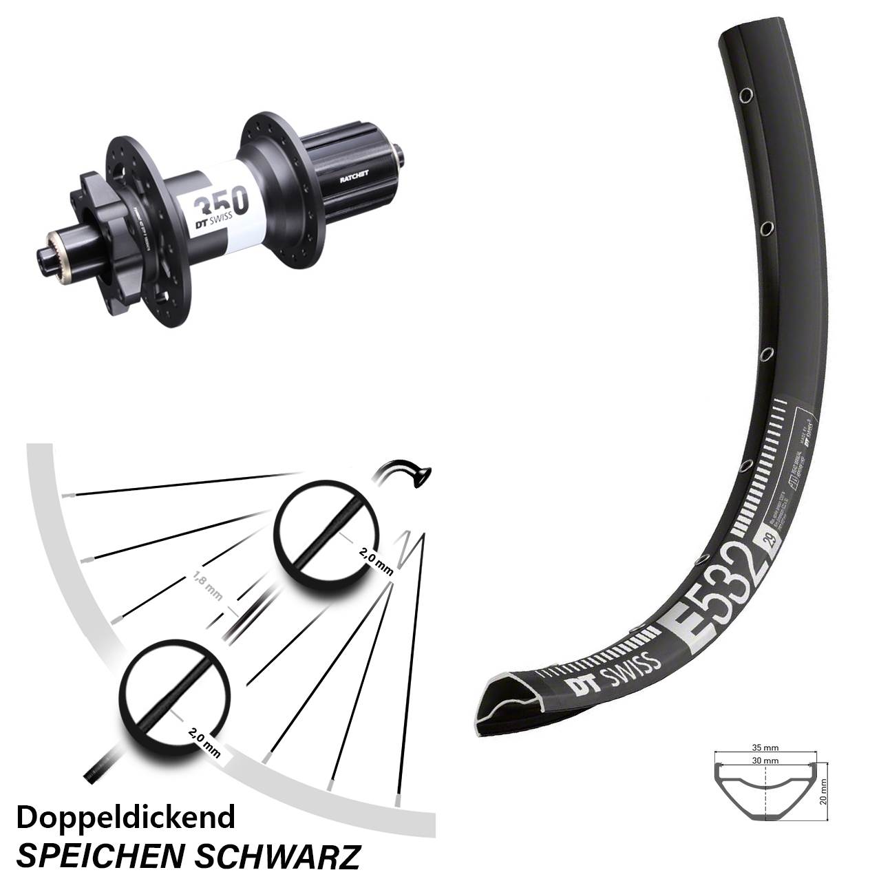 29 Zoll DT Swiss E532-350 Boost Hinterrad 6-Loch für Schnellspanner Boost 8-11 fach