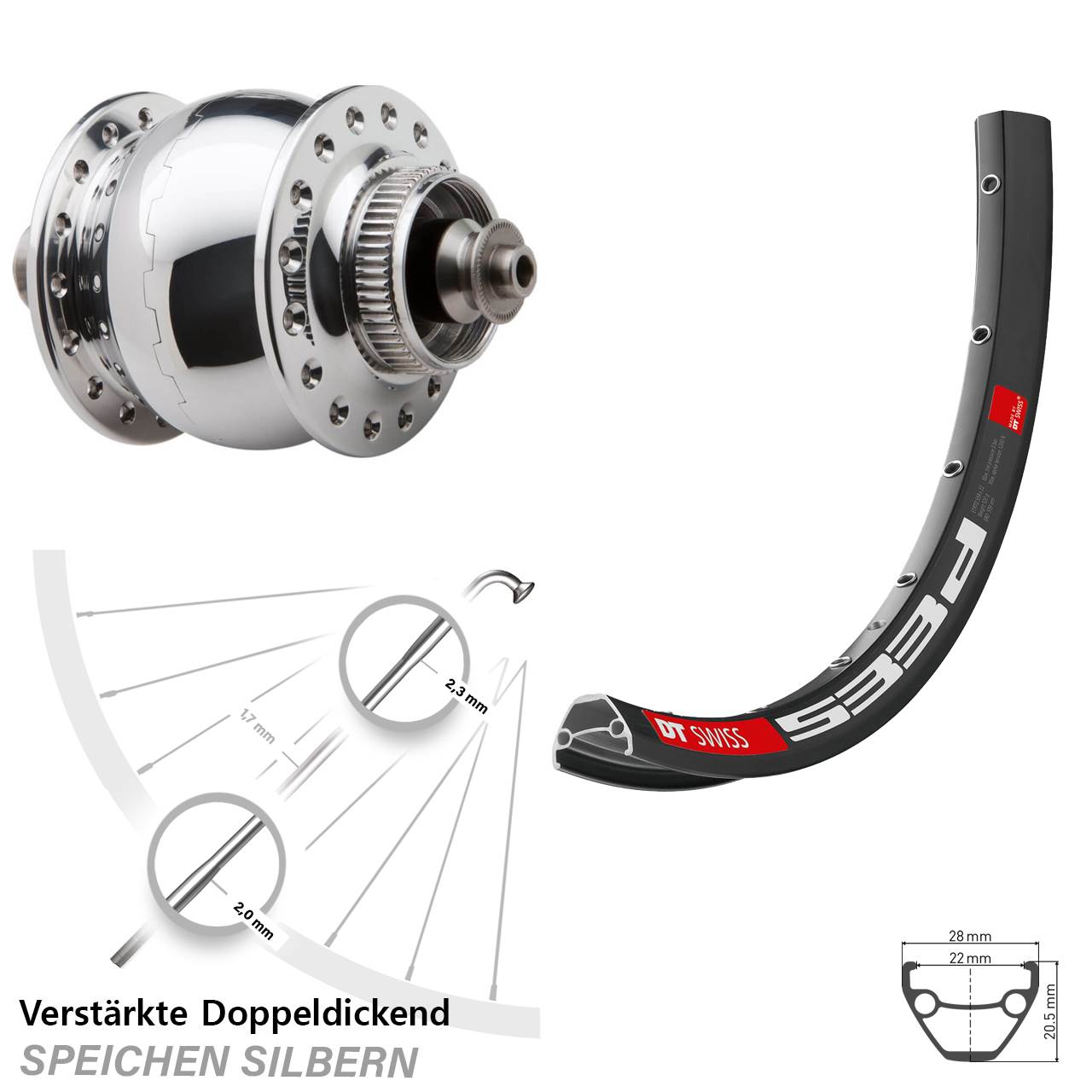 28 Zoll DT Swiss 533 D SON delux Dynamo-Vorderrad Centerlock für Schnellspanner