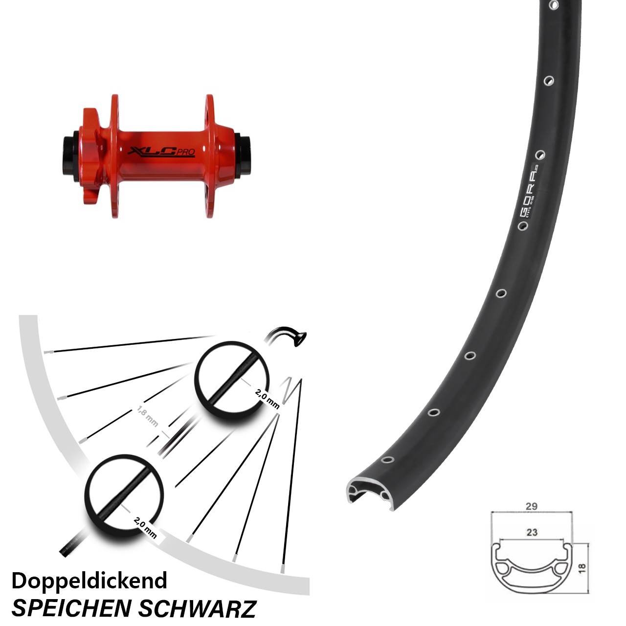 Vorderrad 6-Loch 15x100 29 Zoll Gora 23 XLC rot