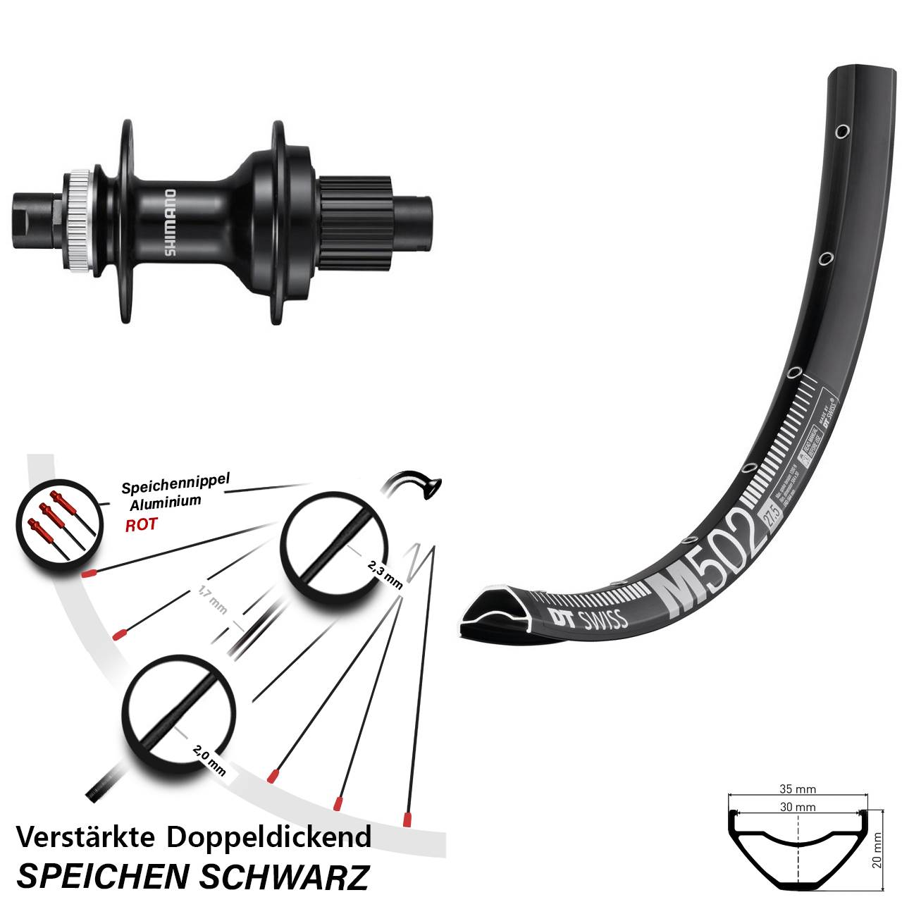 27,5 Zoll DT Swiss M 502 Shimano FH-MT510 Centerlock Hinterrad 12x142 Micro Spline
