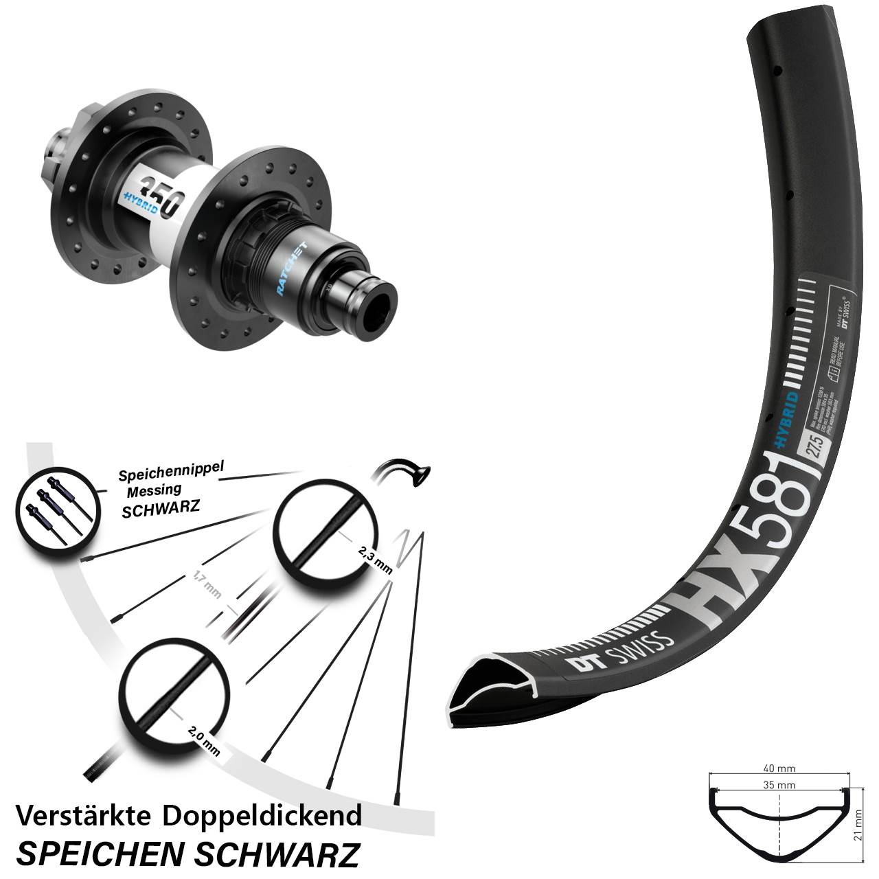 6-Loch Hinterrad 12x148 27,5 Zoll DT Swiss HX581-350 Hybrid XD