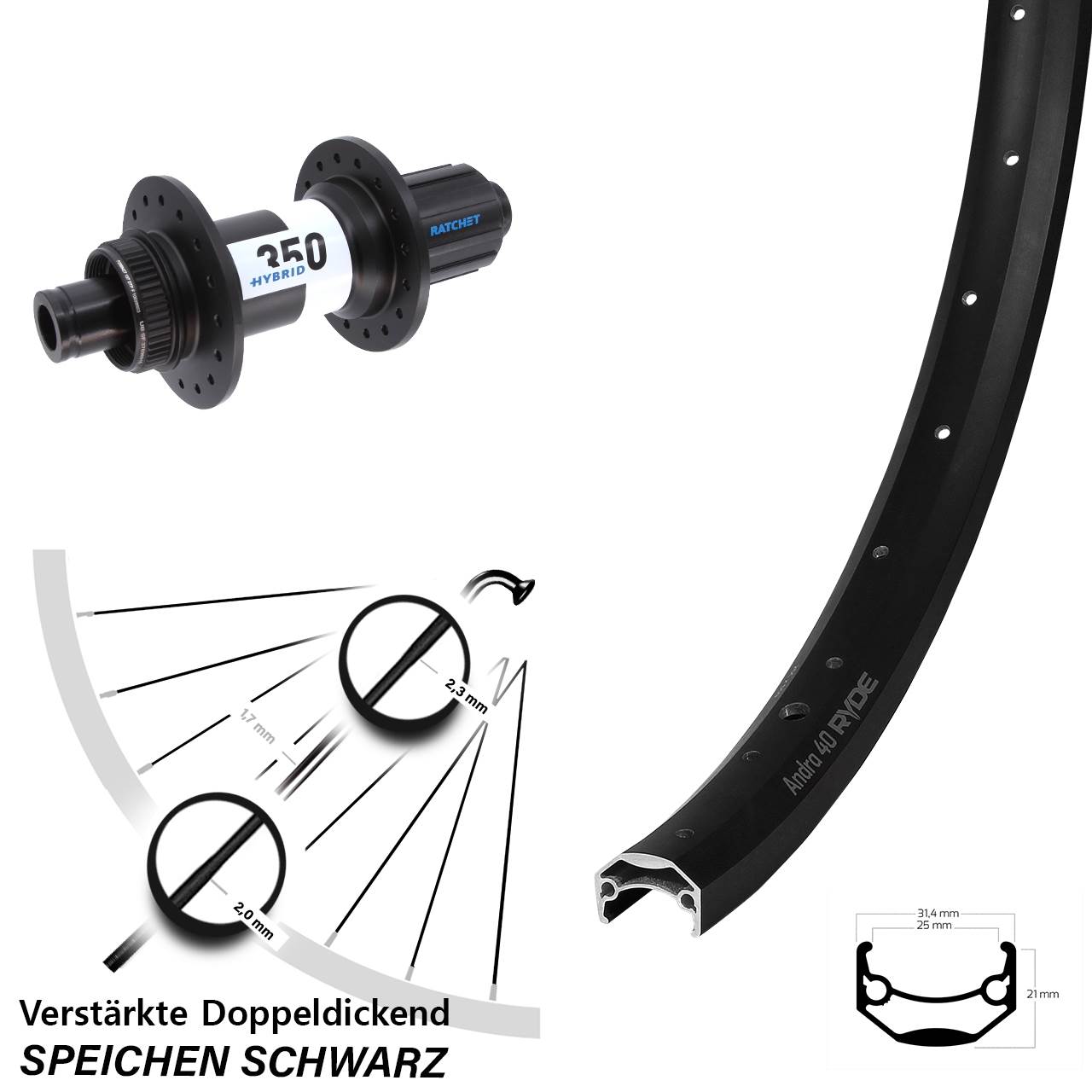 Ryde Andra 40 DT Swiss Hybrid 350 26 Zoll Disc Hinterrad 12x148 8-11 fach