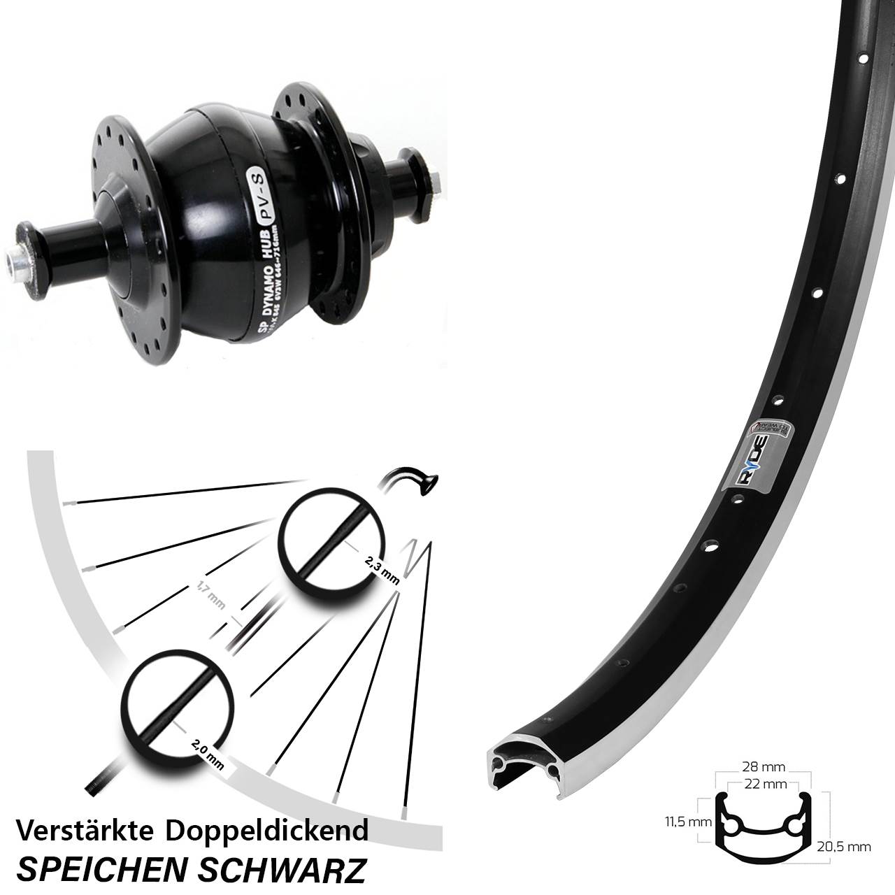 Nabendynamo-Vorderrad 650B Ryde Andra 35 Shutter Precision PV-8 QR