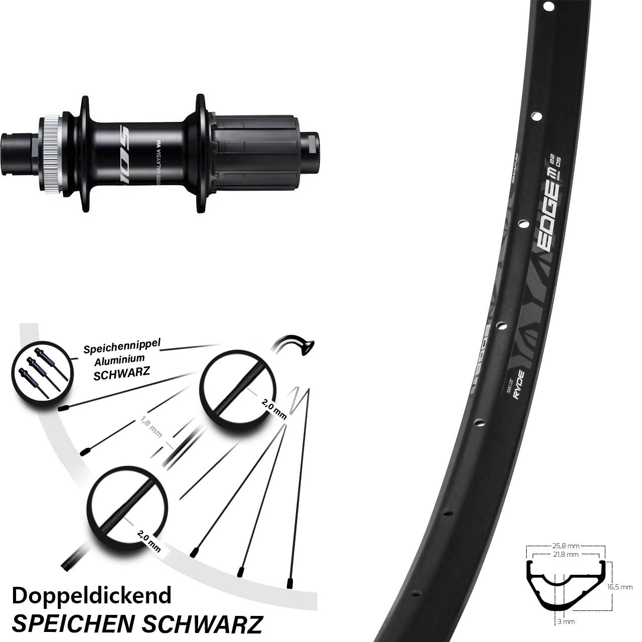 Ryde Edge M22 Shimano 105 28 Zoll Disc Laufrad 12x142 8-12 fach