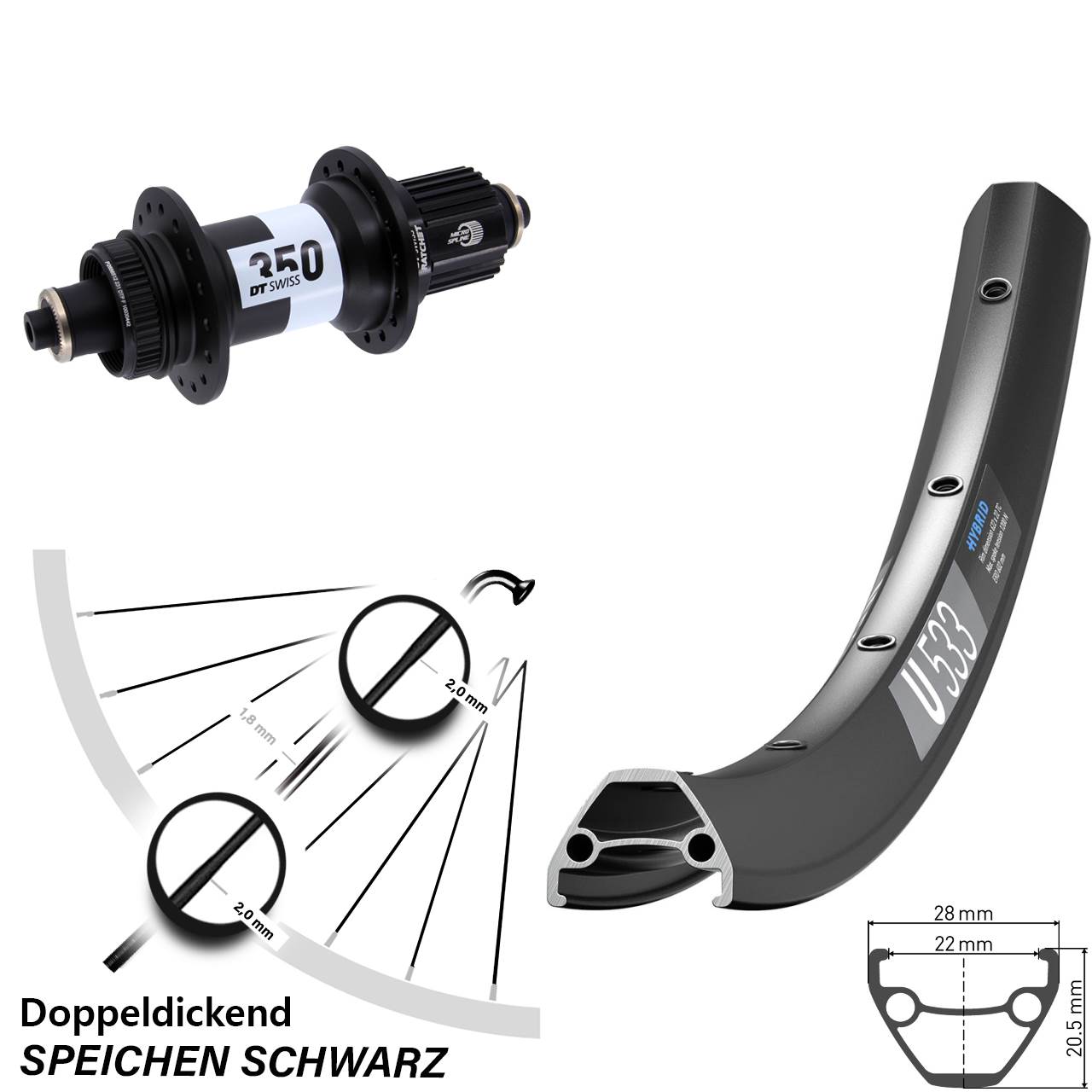 Hinterrad 28 Zoll DT Swiss U 533-350 Centerlock Micro Spline QR
