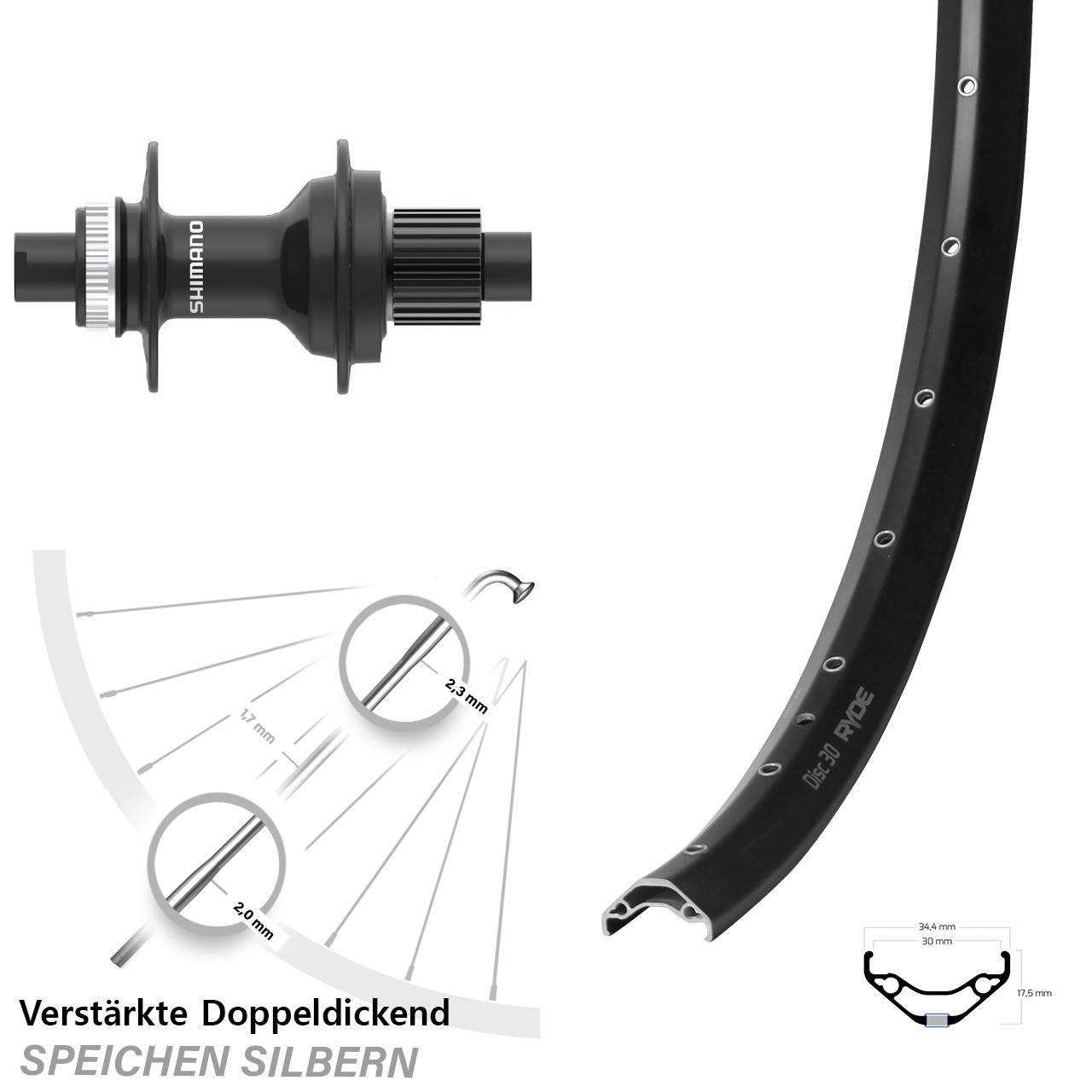 29 Zoll Ryde Disc 30 Shimano FH-MT410 Laufrad 12x142 Micro Spline