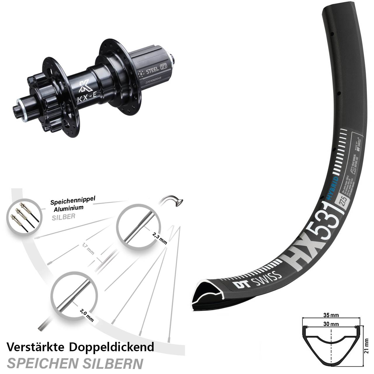 verstärktes 29 Zoll Hinterrad DT Swiss HX 531 KX-E 5x135 mm 6-Loch 8-12 fach