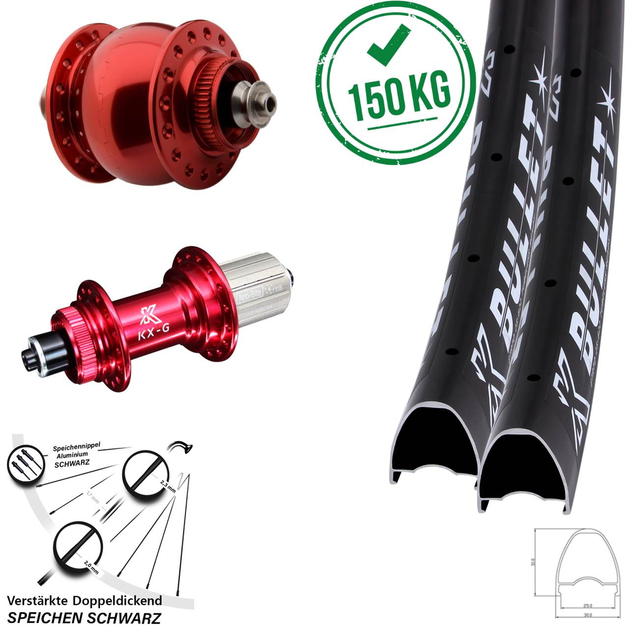 28-29 Zoll KX-G Bullet rot SON 28 Disc Laufrad-Satz für Schnellspanner 8-12 fach