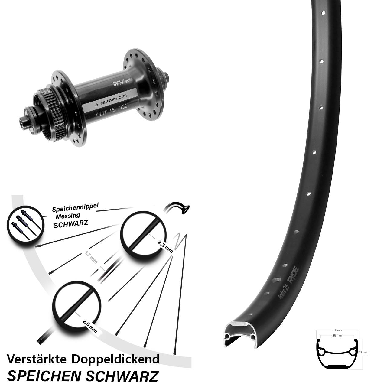28-29 Zoll Ryde Andra 25 DT Swiss 370 Vorderrad Centerlock für Schnellspanner