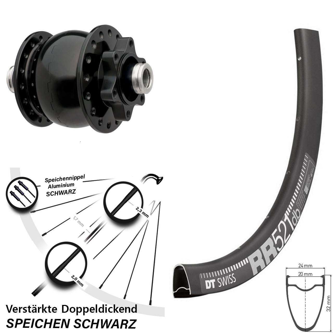 SON 28 Zoll Nabendynamo Vorderrad DT Swiss RR 521 DB 6-Loch 12x100
