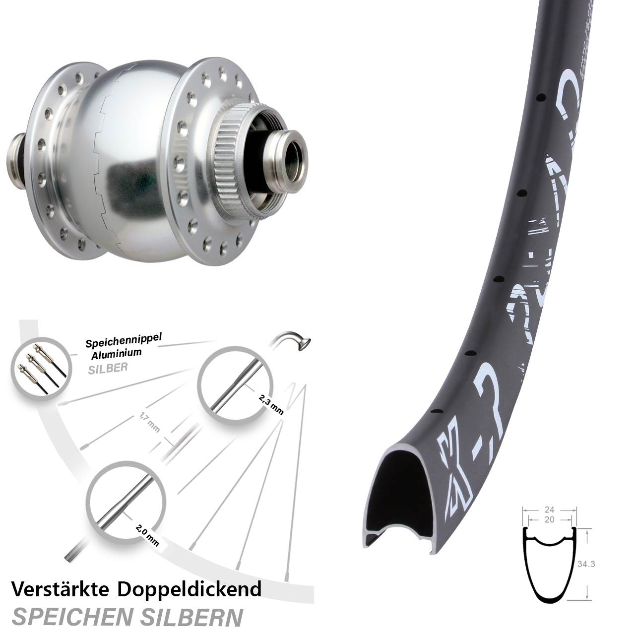 Centerlock Vorderrad mit Dynamo 28 Zoll KX-R Road SON silbern 12x100