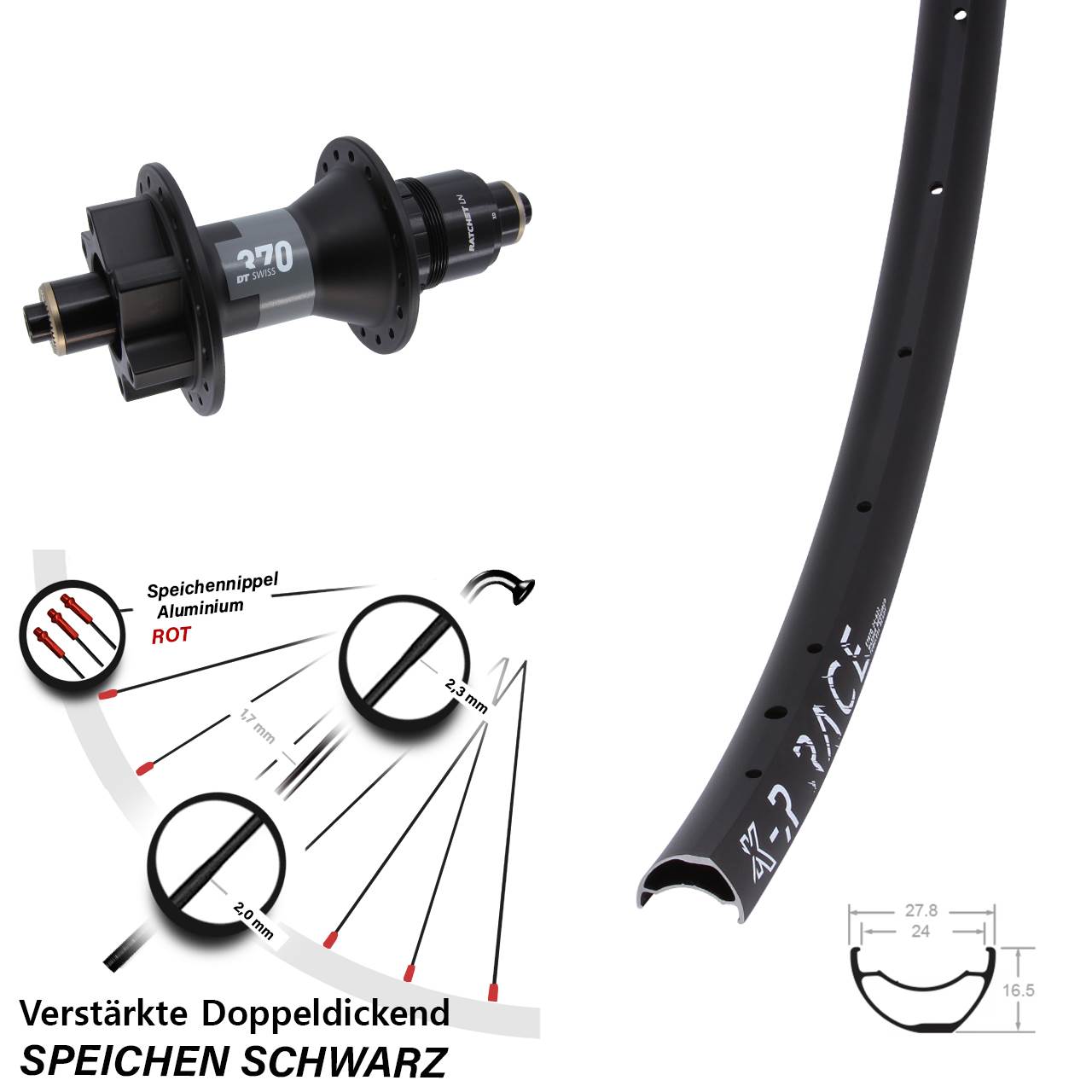 Disc Hinterrad 28-29 Zoll KX-R Race DT Swiss 370 XD für Schnellspanner