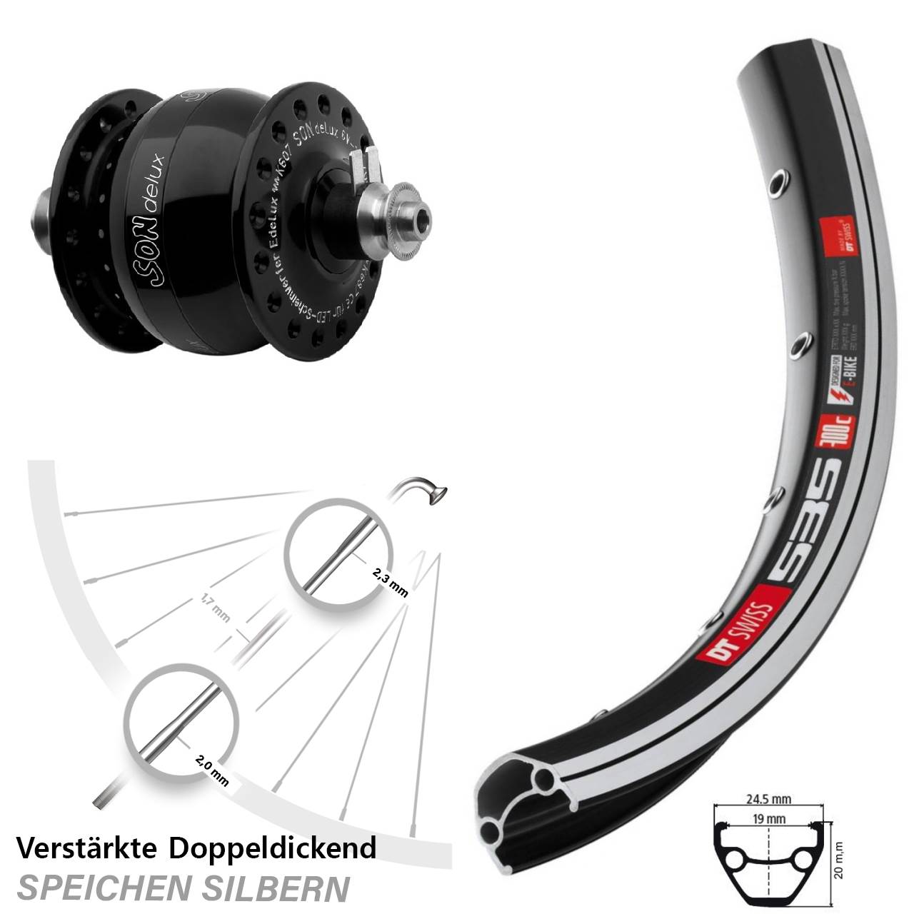 Nabendynamolaufrad 28 Zoll DT Swiss 535 SONdelux QR