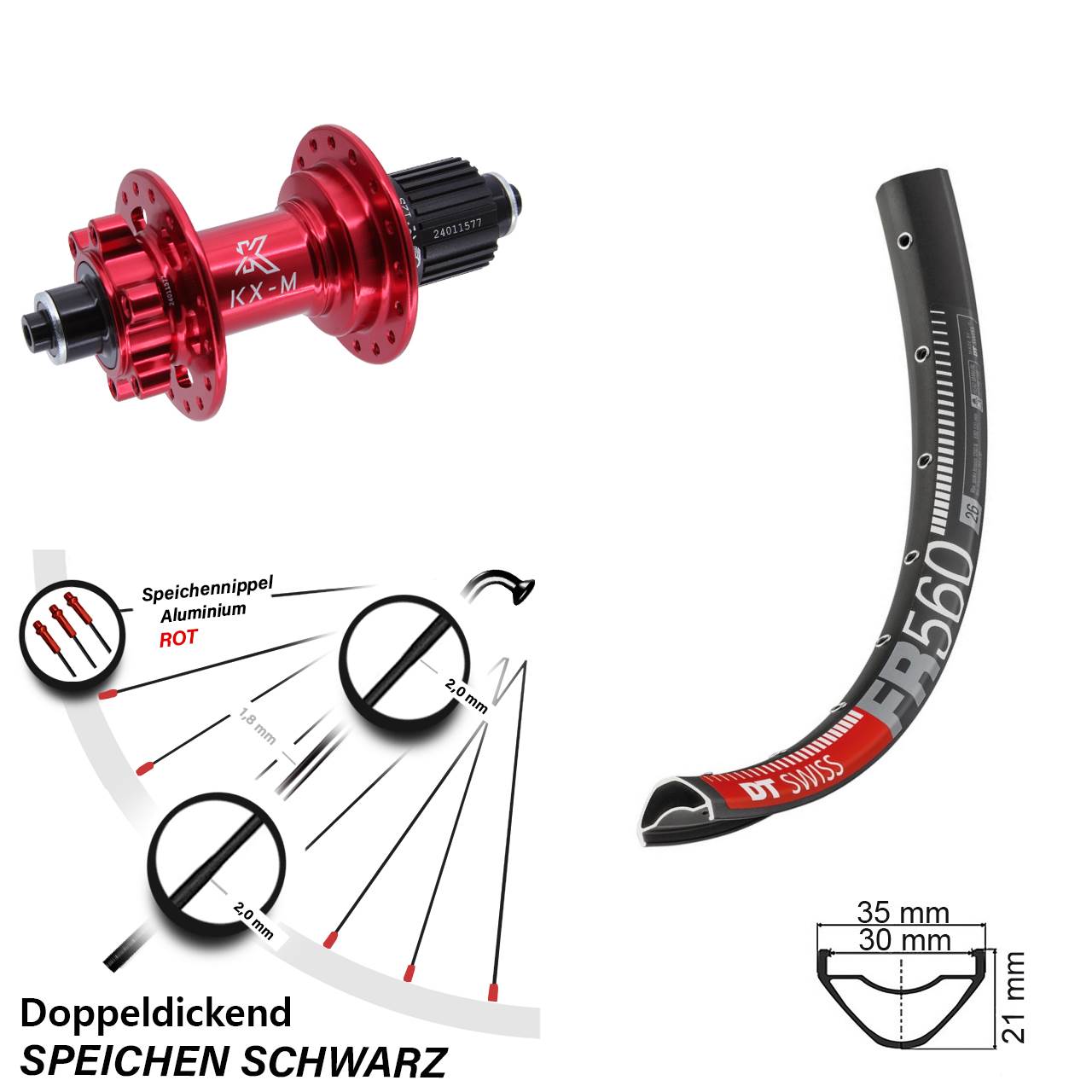 Disc Hinterrad 26 Zoll DT Swiss FR560 KX-M rot Shimano Micro Spline QR