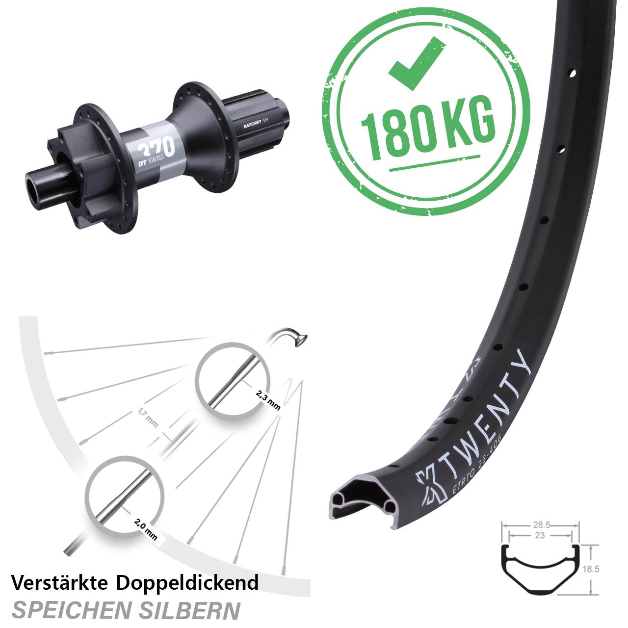 Disc Hinterrad 20 Zoll KX Twenty DT Swiss 370 8-11 fach HG 12x148 Boost