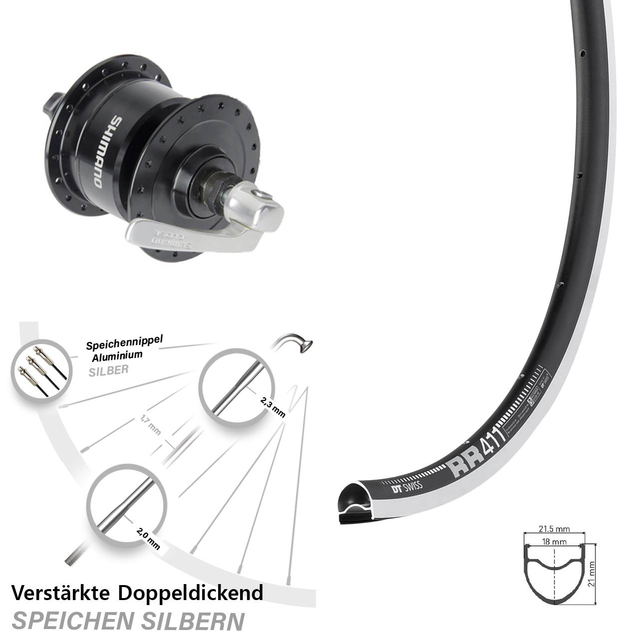 Vorderrad mit Nabendynamo 28 Zoll DT Swiss RR 411 Shimano DH-3N72 für Schnellspanner